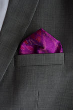 Load image into Gallery viewer, Pocket Square in Purple Ikat & Solid Orange - Set of 2