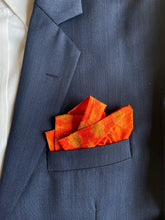 Load image into Gallery viewer, Raw Silk Pocket Squares in Orange Ikat & Solid Green - Set of 2