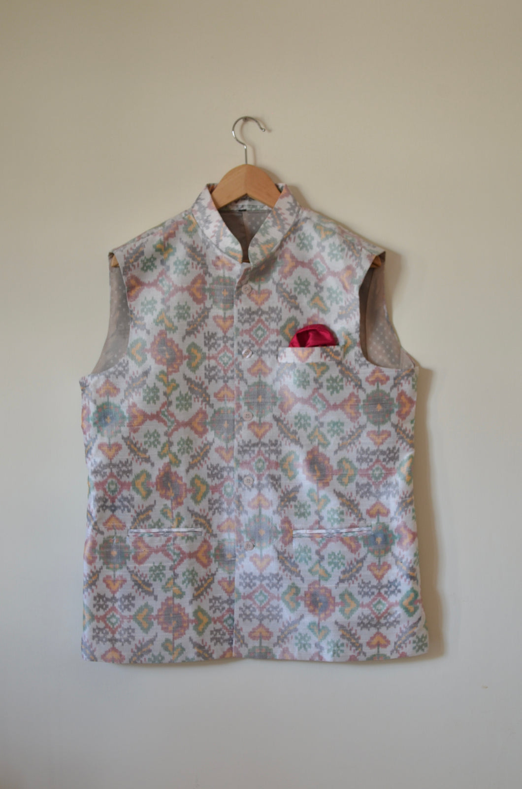 Indian Jacket - White Floral (Raw Silk Ikat)