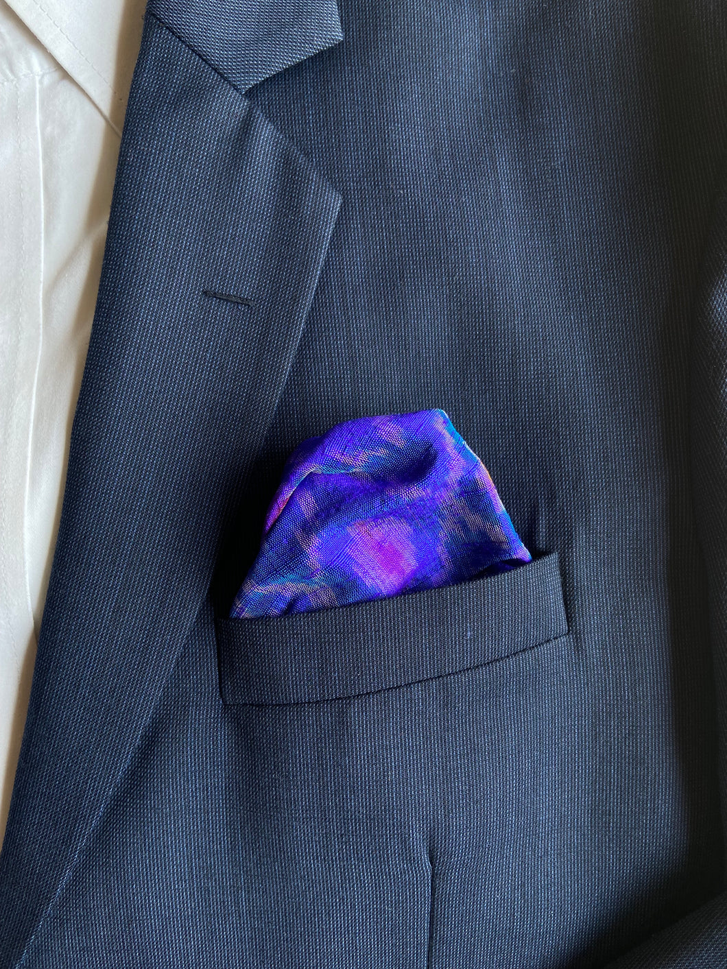 Raw Silk Pocket Squares in Blue Ikat & Solid Magenta - Set of 2