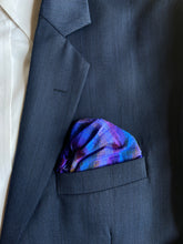 Load image into Gallery viewer, Raw Silk Pocket Squares in Blue Striped Ikat &amp; Solid Magenta - Set of 2
