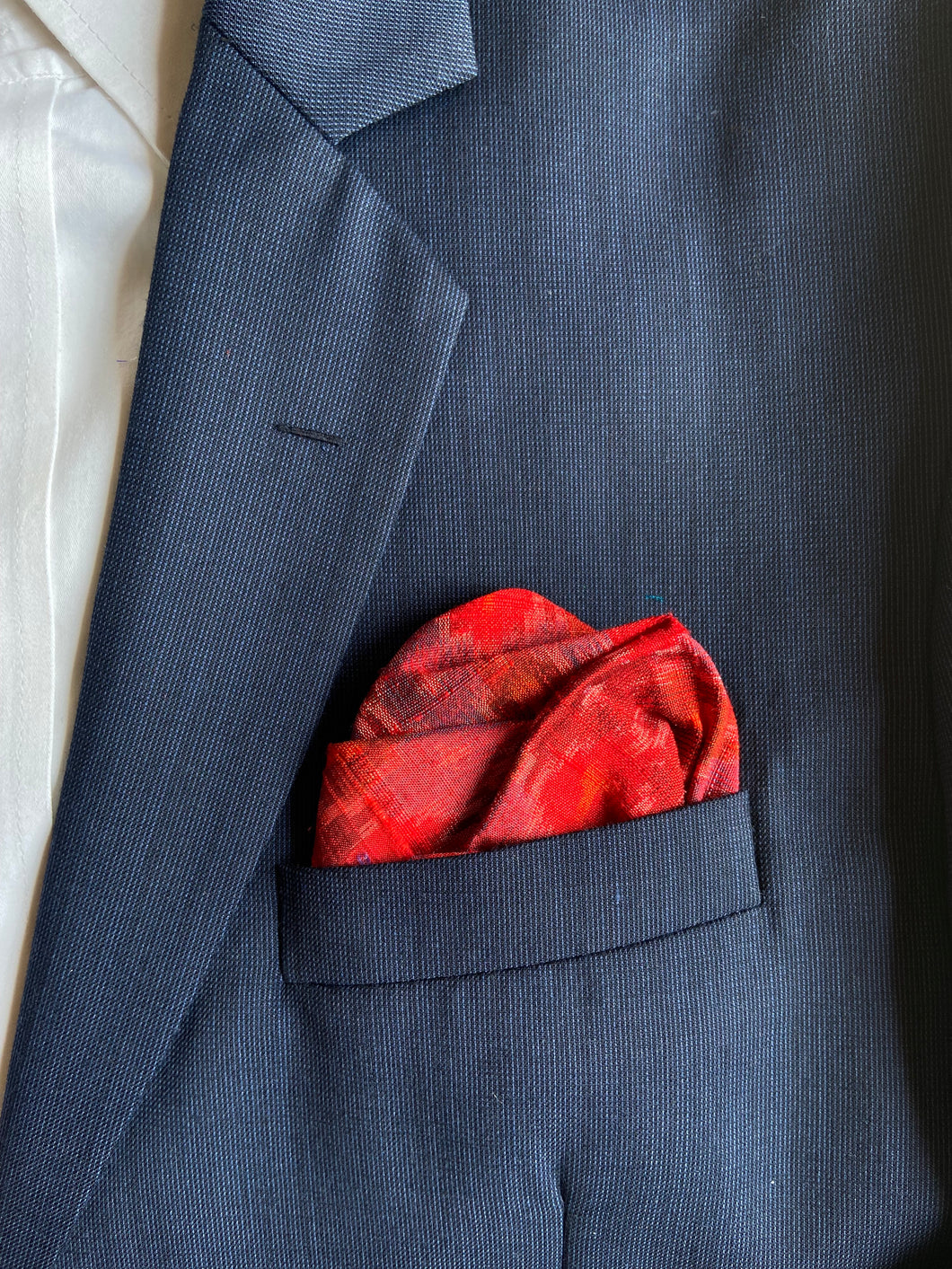 Raw Silk Pocket Squares in Red Ikat & Solid Blue - Set of 2